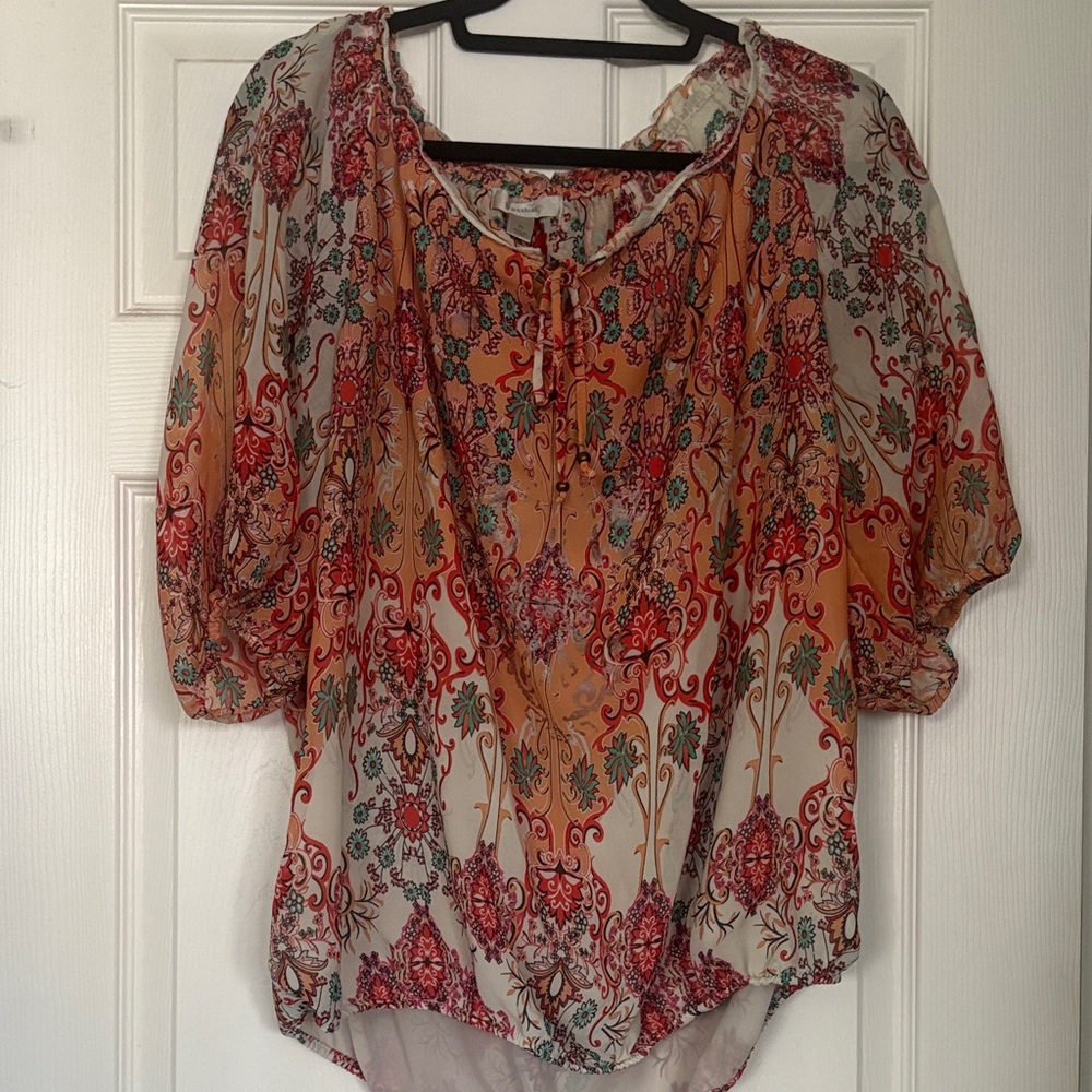 Dress Barn Boho Sheer Peasant Blouse Paisley Floral Print Size XL EUC